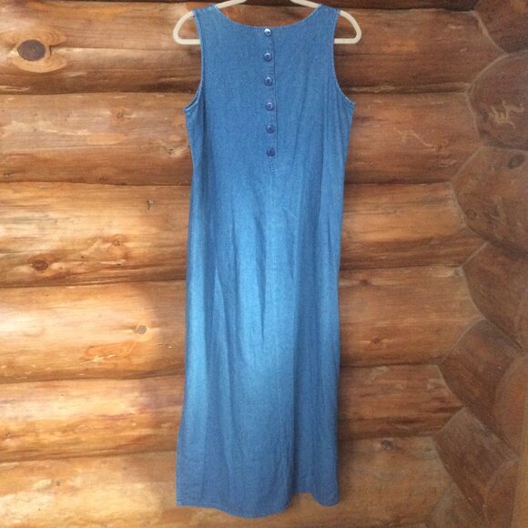 Vintage Christopher & Banks Denim Sleeveless Maxi Dress Fruit Embroidery Size 8 - Picture 2 of 4